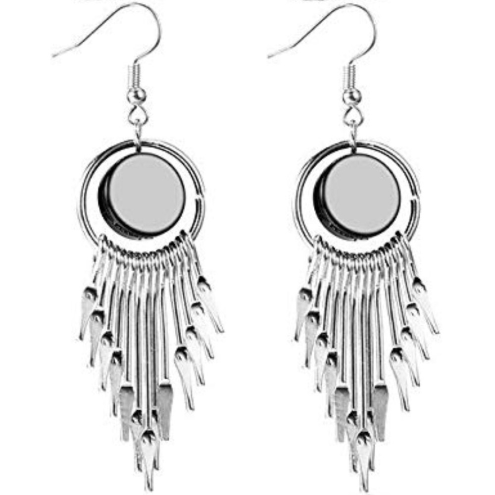 Silver Dangle Earrings with Black Gem Center